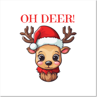 Cute Christmas deer with Santa hat Posters and Art